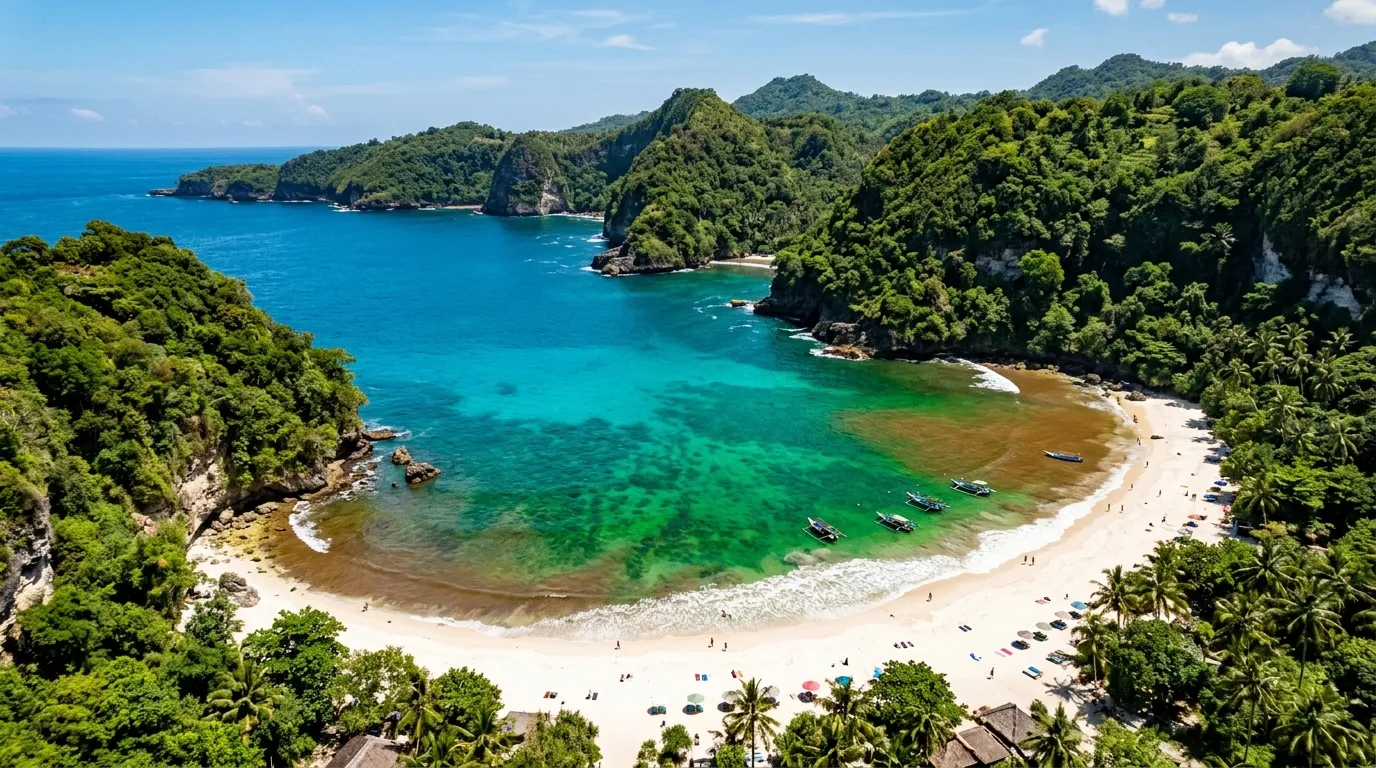 Pantai Tiga Warna Malang dengan gradasi warna air laut biru, hijau, dan cokelat di kawasan konservasi