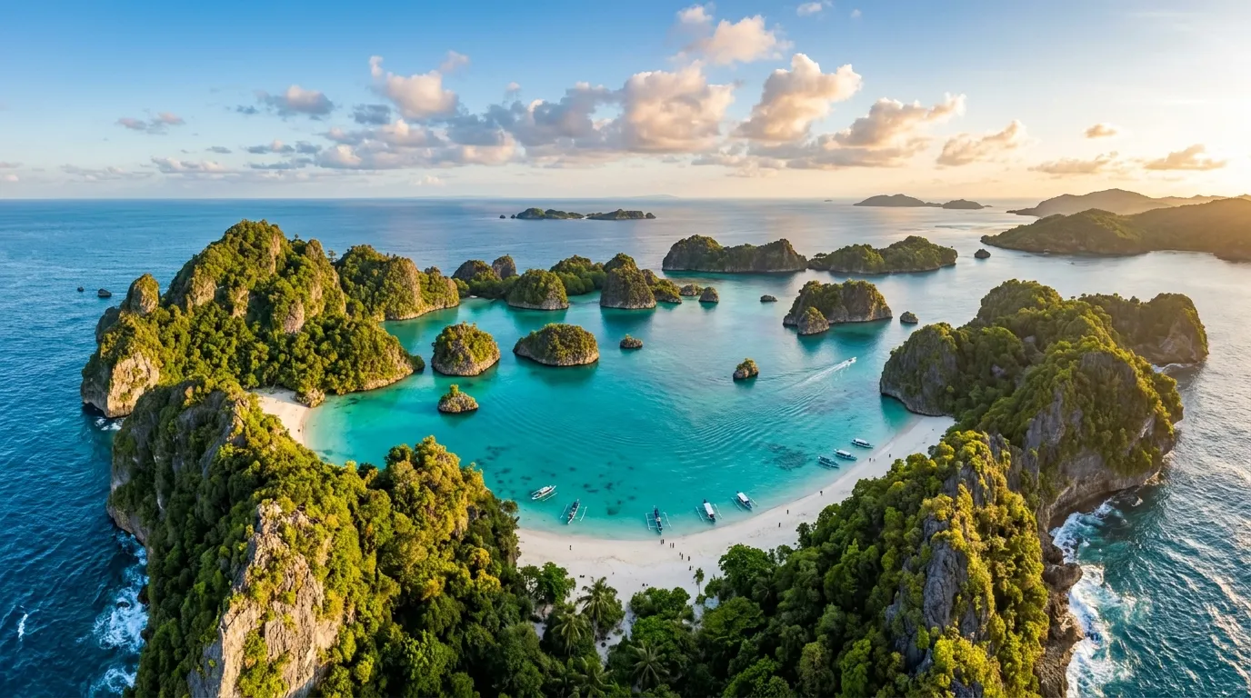 Pantai Teluk Asmara dilihat dari udara dengan bukit kapur berbentuk hati