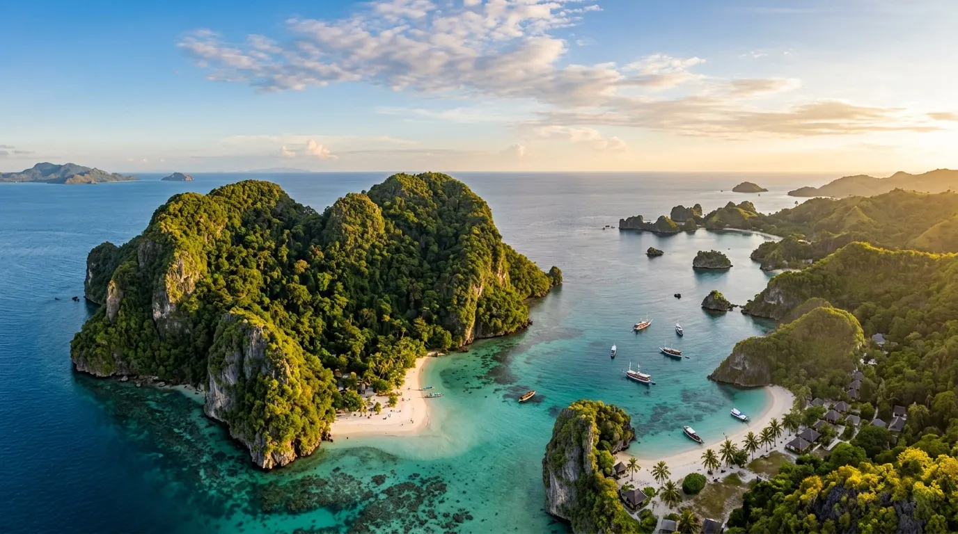 Pemandangan lanskap Pantai Teluk Asmara dari atas bukit