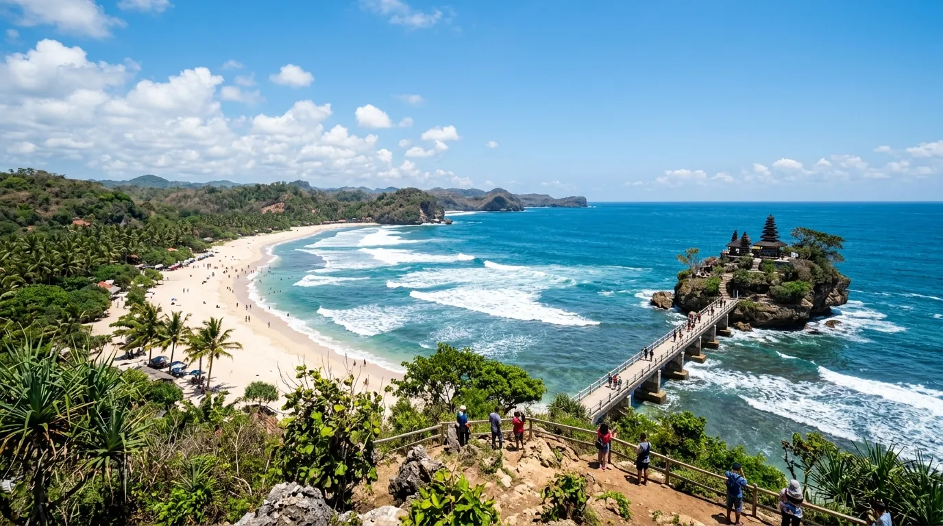 Pantai Balekambang Malang dengan pura di atas pulau karang, dijuluki Tanah Lot-nya Jawa Timur