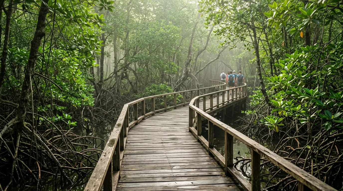 Jalur trekking melalui hutan mangrove menuju Pantai Tiga Warna Malang