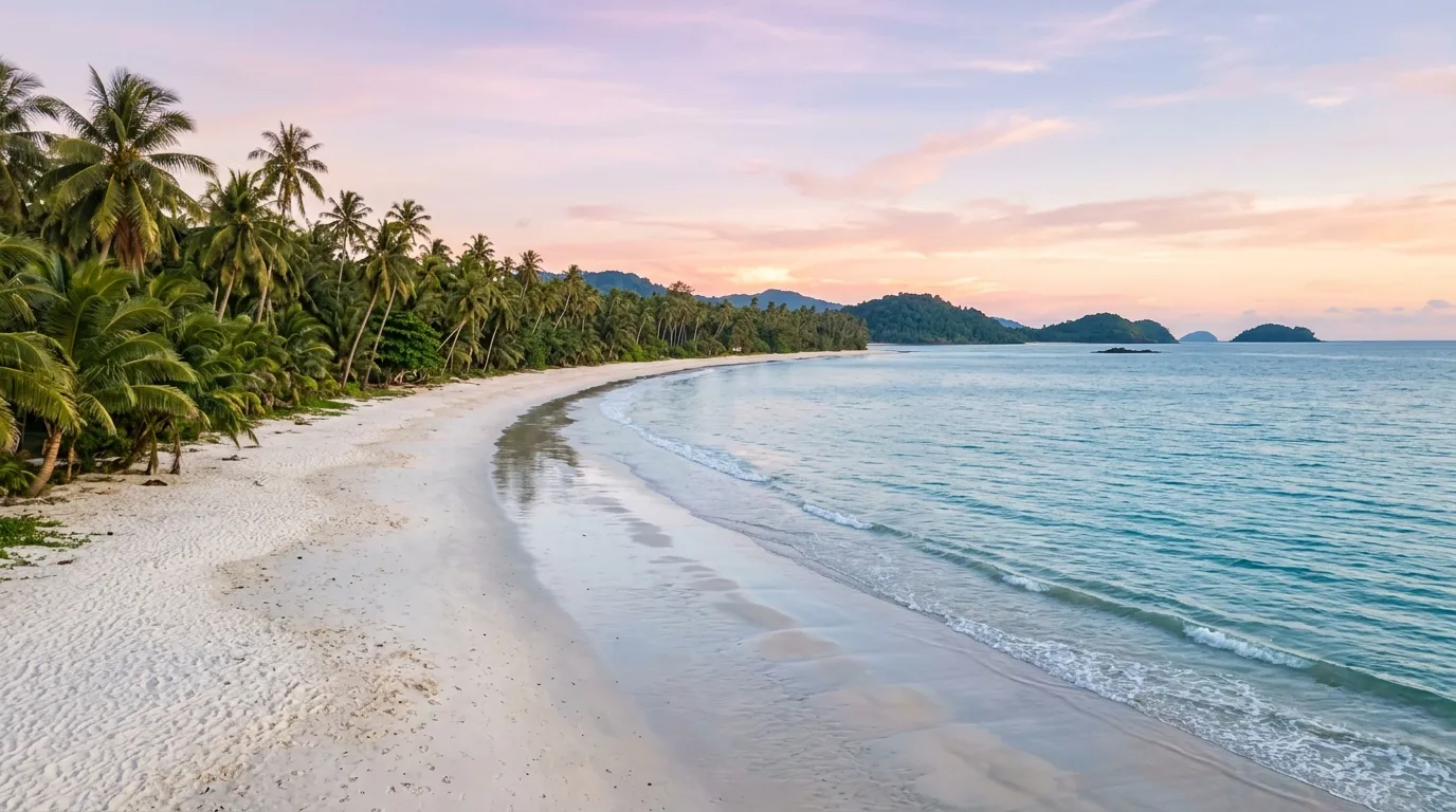 Suasana pagi hari di Pantai Tanjung Penyu yang masih sepi dengan pasir putih lembut