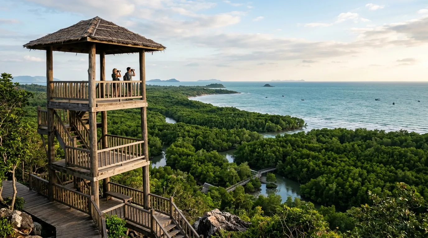 Menara pandang di kawasan hutan mangrove Pantai Watu Leter Malang untuk menikmati panorama dari ketinggian