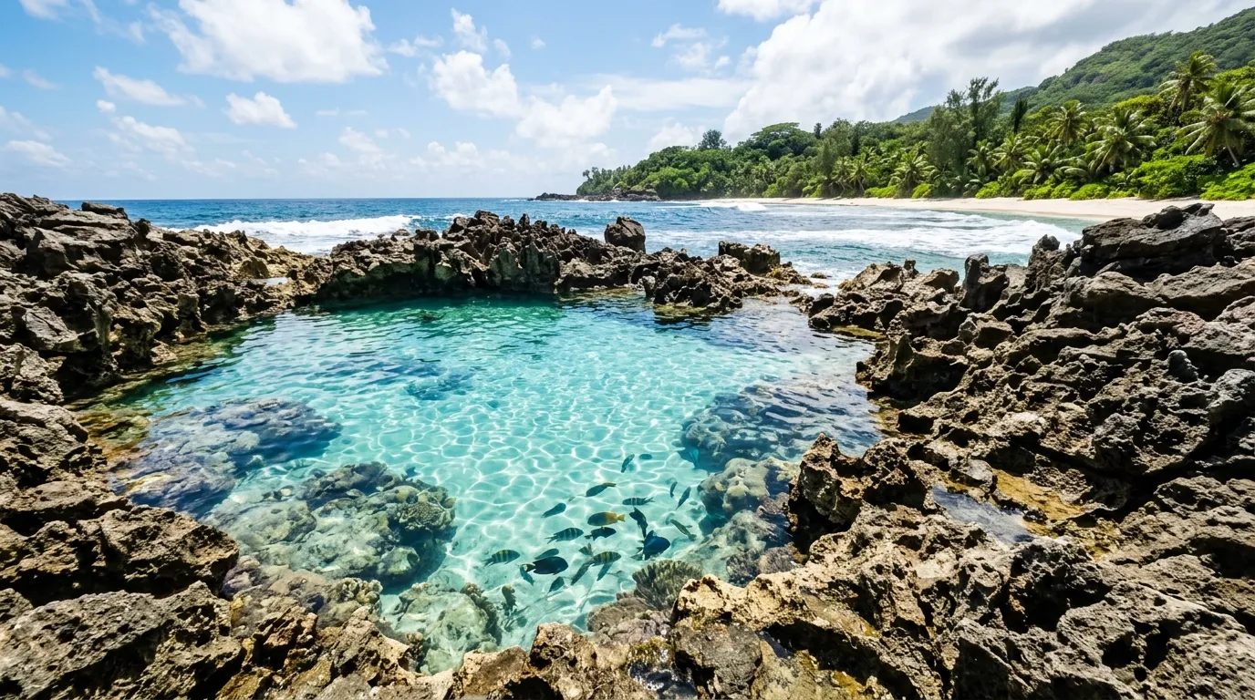 Kolam renang alami berwarna hijau tosca di Pantai Batu Bengkung Malang dengan ikan-ikan kecil